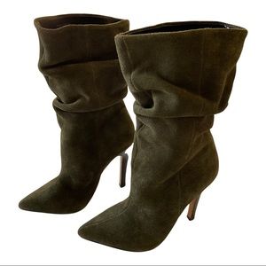 Aldo Olive Green Suede Slouch Mid Shaft Boot with 4 Inch Heel, Size 6.5